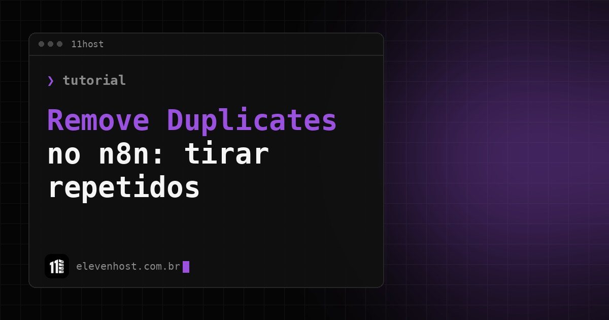 Arte da Eleven Host: janela de terminal com o título: Remove Duplicates no n8n: como tirar itens repetidos
