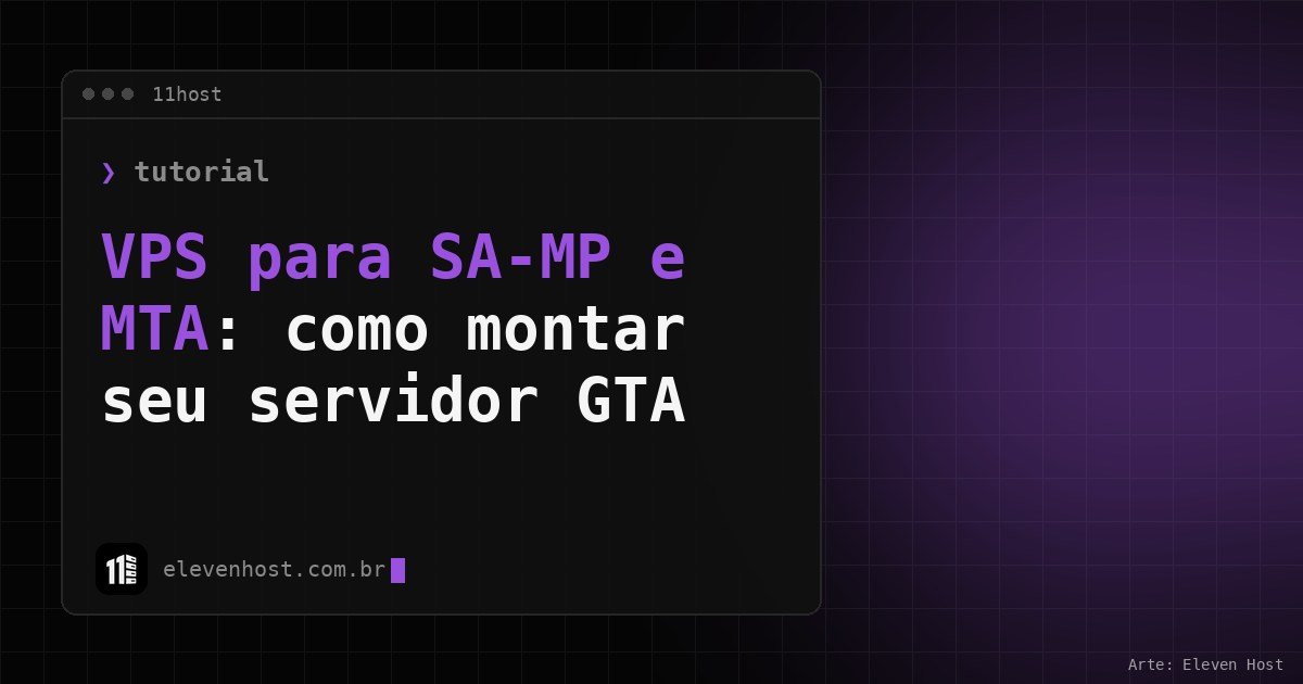 Capa da Eleven Host com o título VPS para SA-MP e MTA em uma janela de terminal