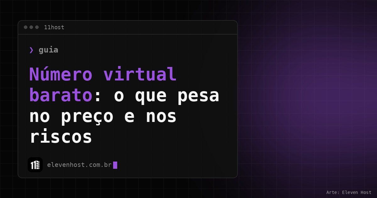 Arte da Eleven Host: janela de terminal com o título: Número virtual barato: o que pesa no preço e nos riscos