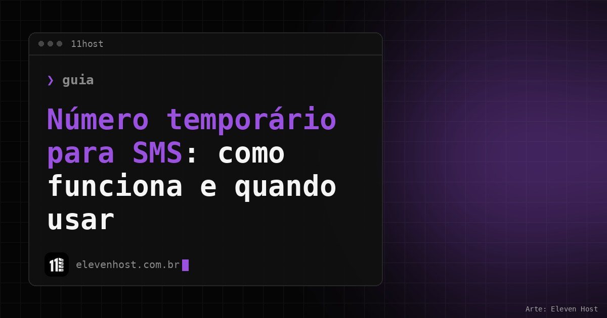 Arte da Eleven Host com janela de terminal e o título Número temporário para SMS: como funciona e quando usar