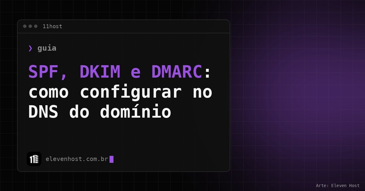 Arte da Eleven Host: janela de terminal com o título: SPF, DKIM e DMARC: como configurar no DNS do domínio