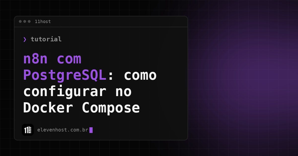 Arte da Eleven Host: janela de terminal com o título: n8n com PostgreSQL: como configurar no Docker Compose
