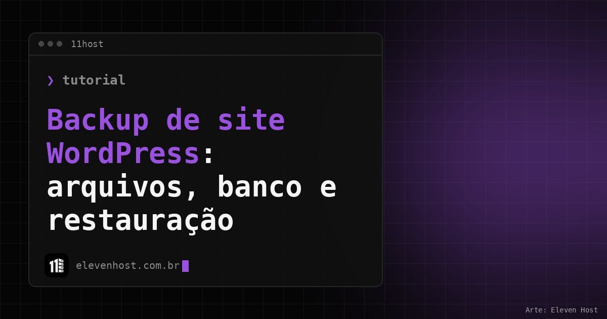Capa em preto e roxo com o título Backup de site WordPress em uma janela de terminal