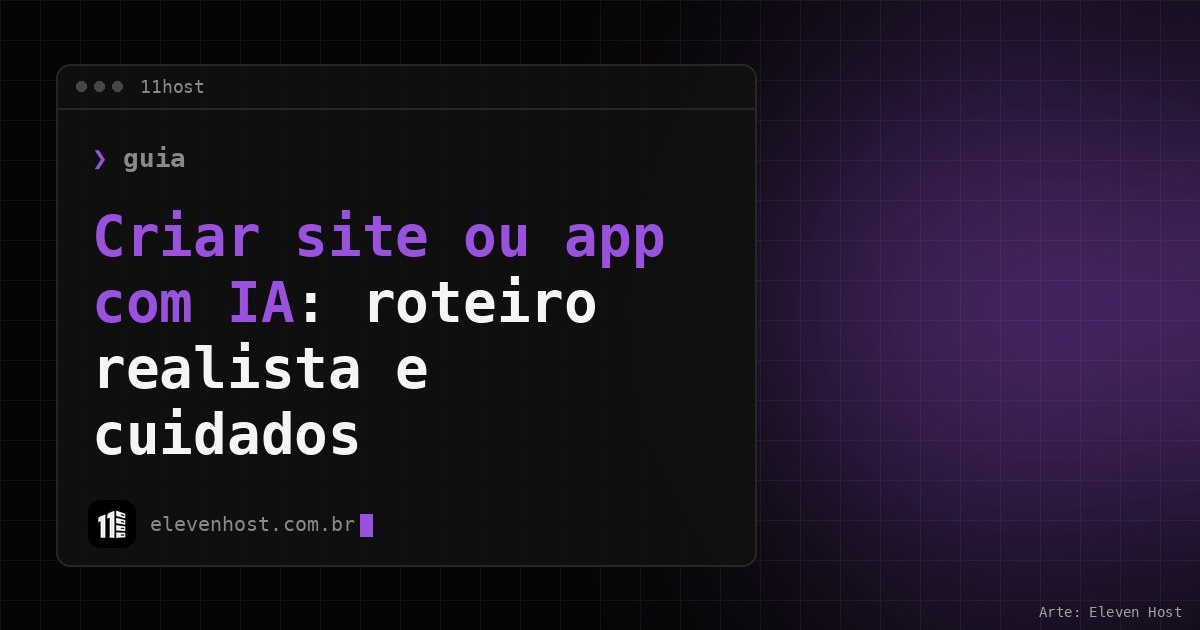 Arte da Eleven Host com janela de terminal e o título Criar site ou app com IA: roteiro realista e cuidados