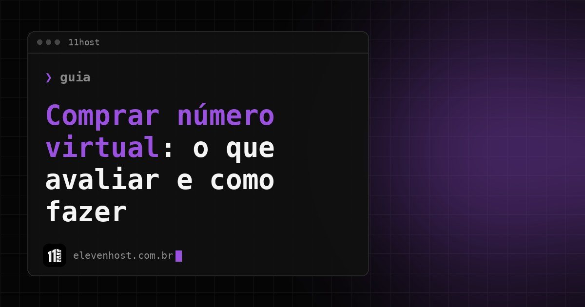 Arte da Eleven Host com janela de terminal e o título Comprar número virtual: o que avaliar e como fazer