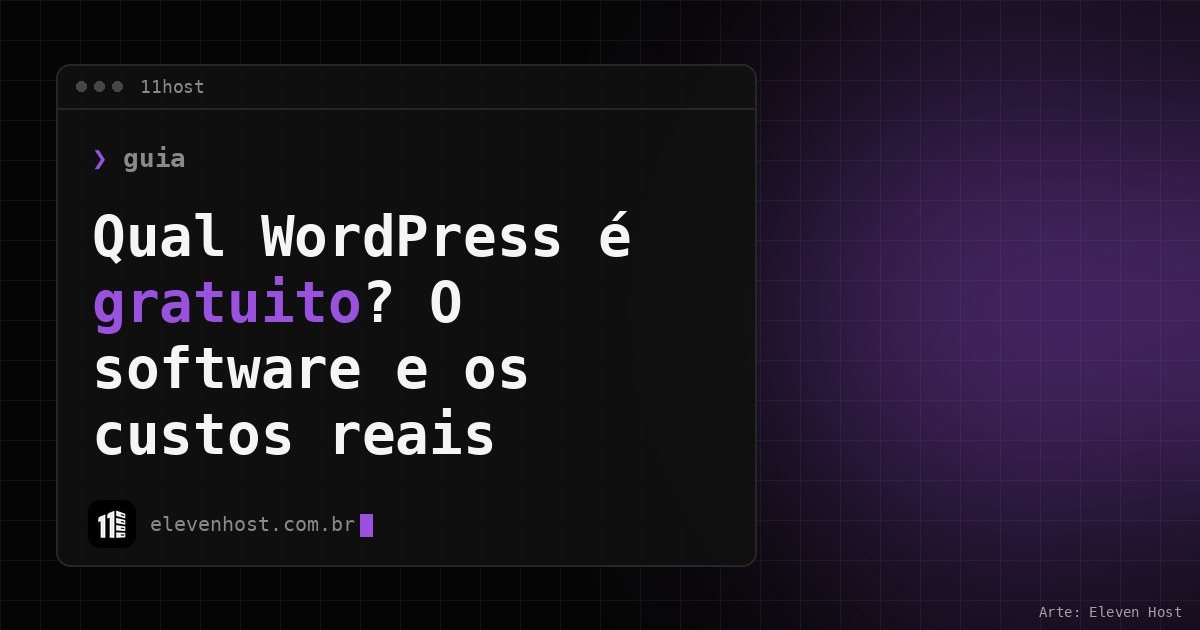 Arte da Eleven Host com janela de terminal e o título Qual WordPress é gratuito? O software e os custos reais