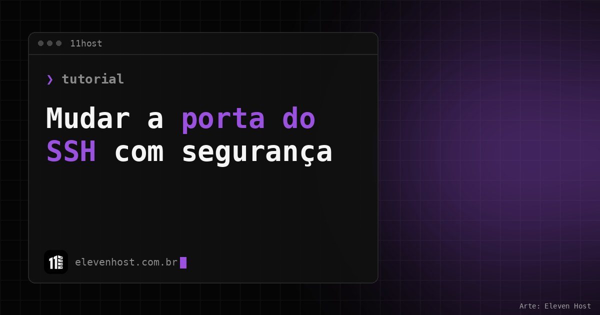 Arte da Eleven Host: janela de terminal com o título: Mudar a porta do SSH: passo a passo na VPS