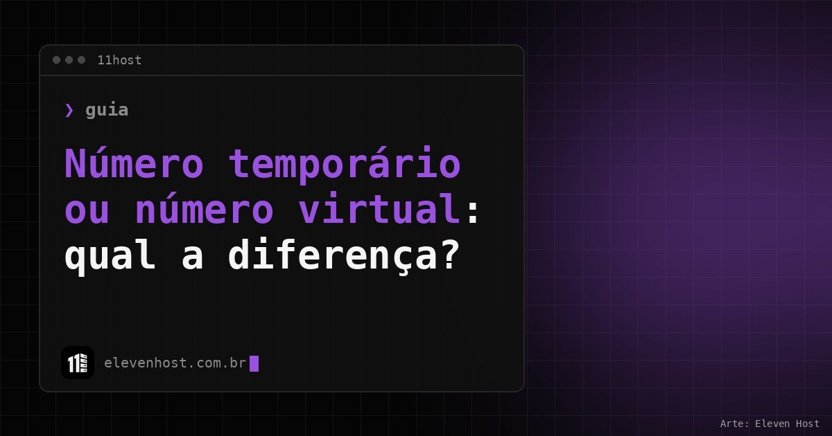 Capa em preto e roxo com o título Número temporário ou número virtual em uma janela de terminal