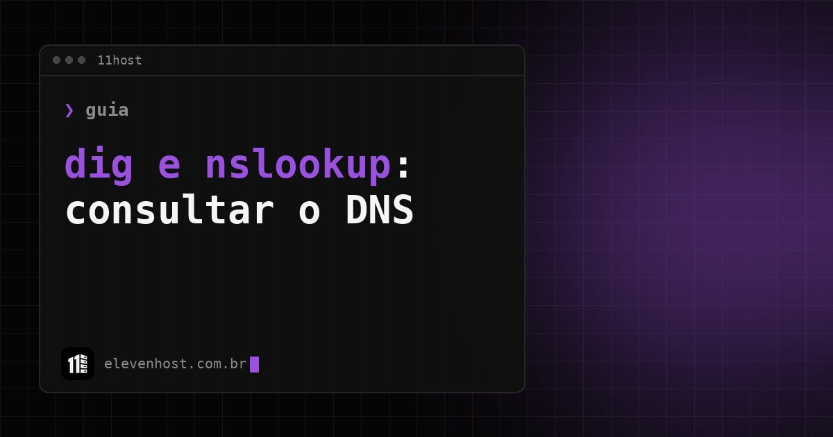 Arte da Eleven Host: janela de terminal com o título: dig e nslookup: como consultar o DNS de um domínio