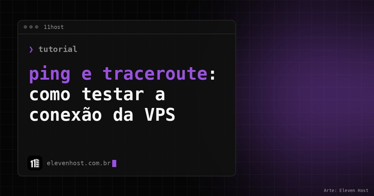 Arte da Eleven Host: janela de terminal com o título: ping e traceroute: como testar a conexão da VPS