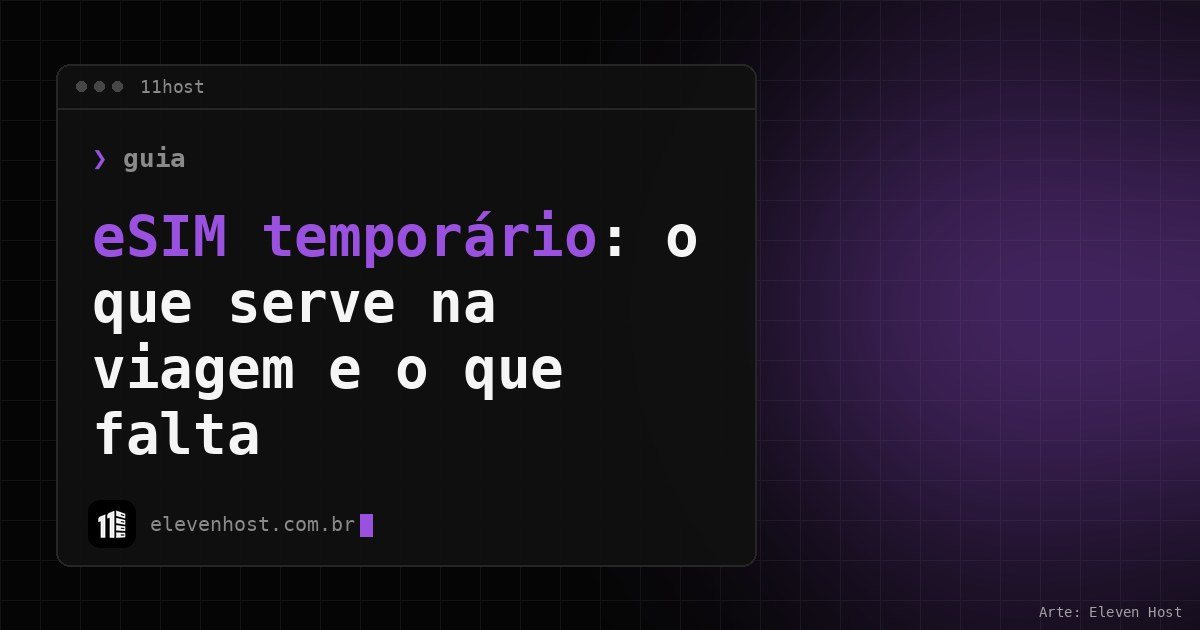 Arte da Eleven Host: janela de terminal com o título: eSIM temporário: o que serve na viagem e o que falta