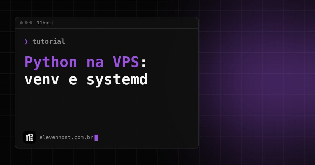 Arte da Eleven Host: janela de terminal com o título: Python na VPS: como rodar seu script com venv e systemd