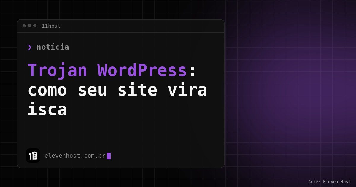 Arte da Eleven Host com janela de terminal e o título Trojan WordPress: como seu site vira isca