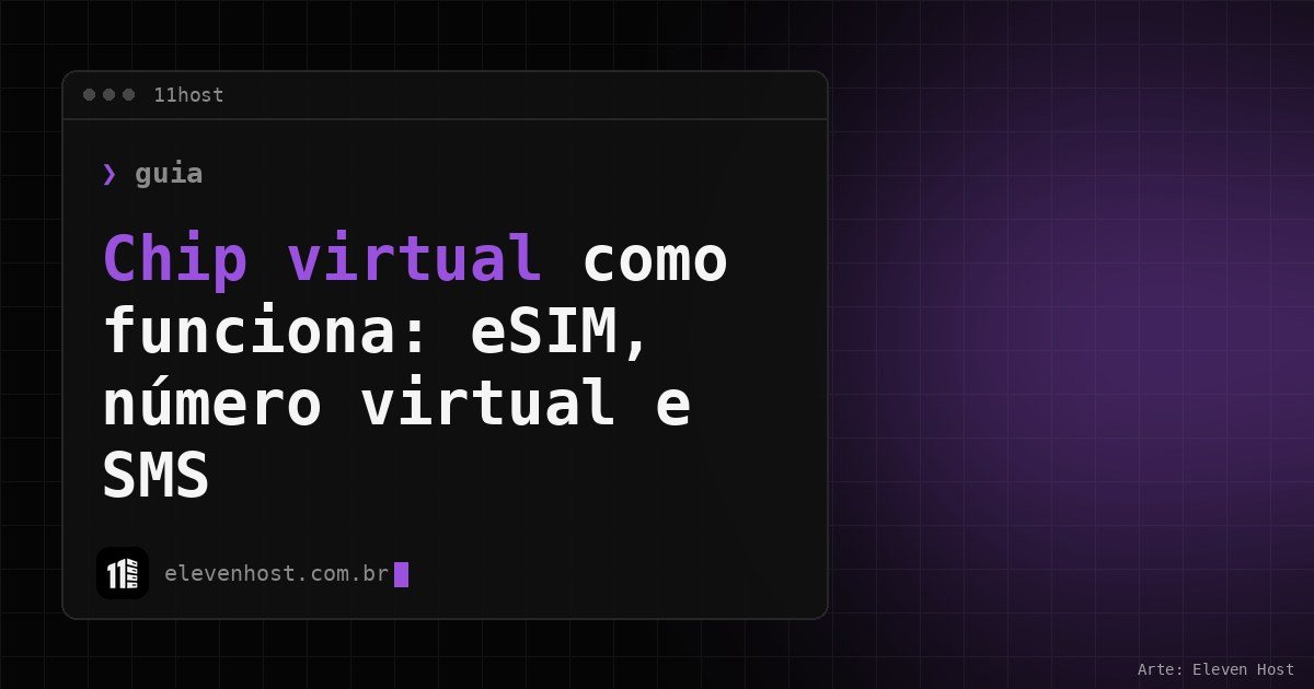 Arte da Eleven Host com janela de terminal e o título Chip virtual como funciona: eSIM, número virtual e SMS