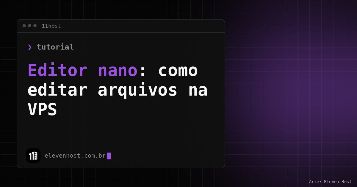 Arte da Eleven Host: janela de terminal com o título: Editor nano: como editar arquivos na VPS pelo terminal