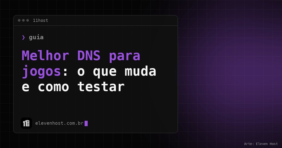 Arte da Eleven Host com janela de terminal e o título Melhor DNS para jogos: o que muda e como testar