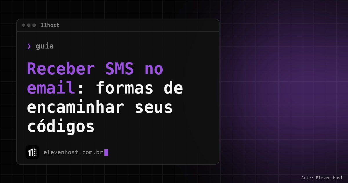 Capa em preto e roxo com o título Receber SMS no email em uma janela de terminal