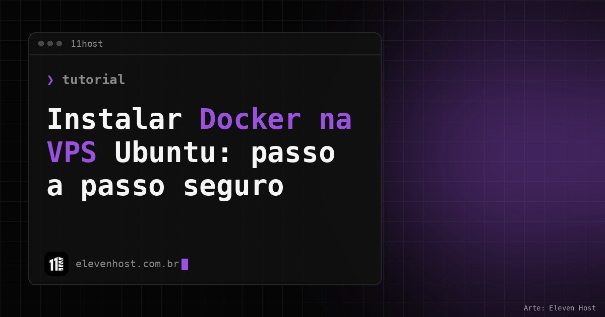 Arte da Eleven Host: janela de terminal com o título: Instalar Docker na VPS Ubuntu: passo a passo seguro
