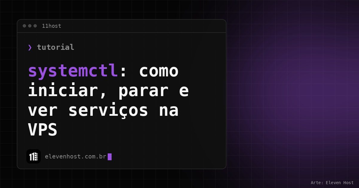 Arte da Eleven Host: janela de terminal com o título: systemctl: como iniciar, parar e ver serviços na VPS