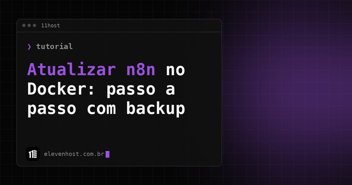 Arte da Eleven Host: janela de terminal com o título: Atualizar n8n no Docker: passo a passo com backup