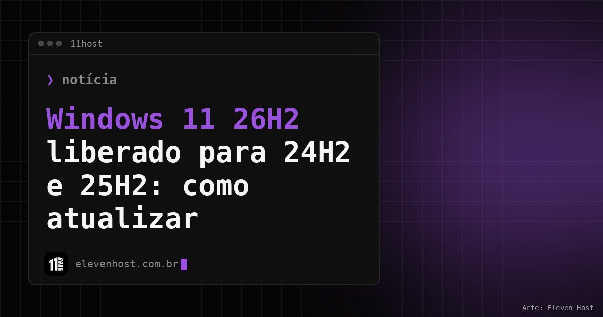 Arte da Eleven Host: janela de terminal com o título: Windows 11 26H2 liberado para 24H2 e 25H2: como atualizar