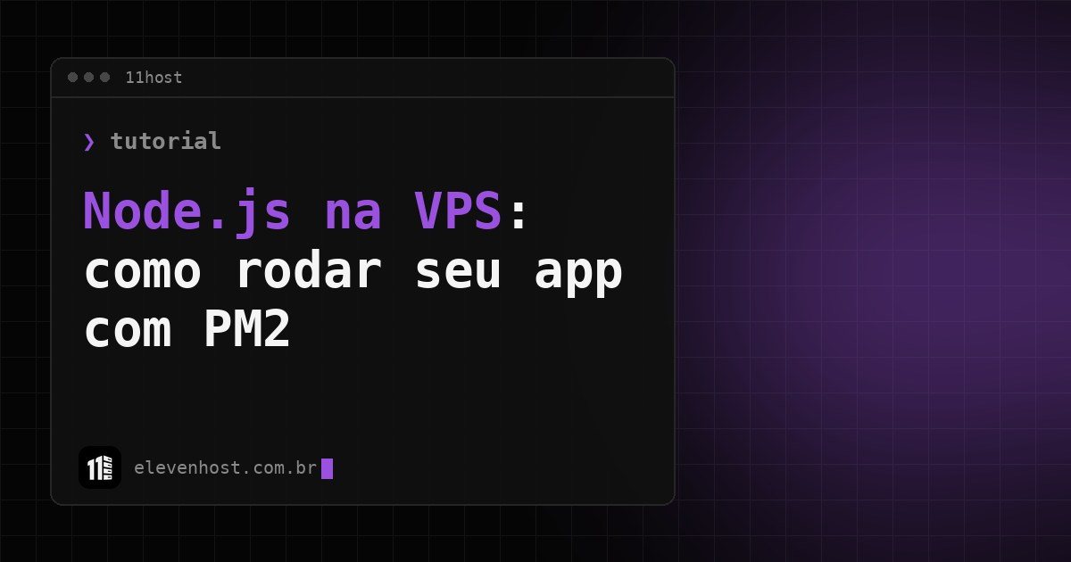 Arte da Eleven Host: janela de terminal com o título: Node.js na VPS: como rodar seu app com PM2