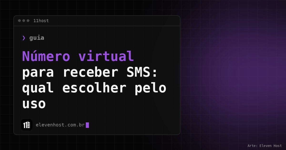 Arte da Eleven Host com janela de terminal e o título Número virtual para receber SMS: qual escolher pelo uso